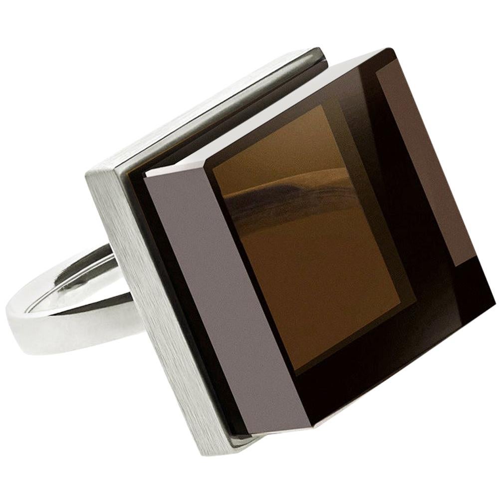 White Gold Men Ink Ring with Smoky Quartz by the Artist