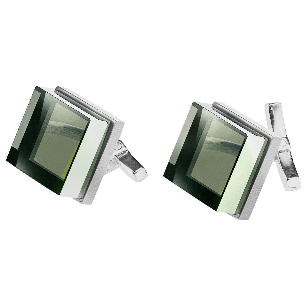 White Gold Men's Art Deco Style Cufflinks by the Artist with Green Quartz For Sale