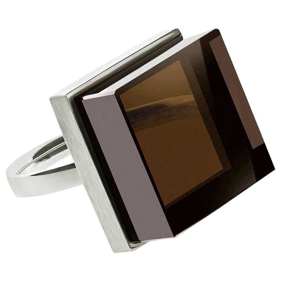White Gold Men's Ink Ring with Smoky Quartz by the Artist For Sale