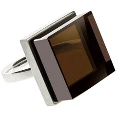 White Gold Men's Ink Ring with Smoky Quartz by the Artist