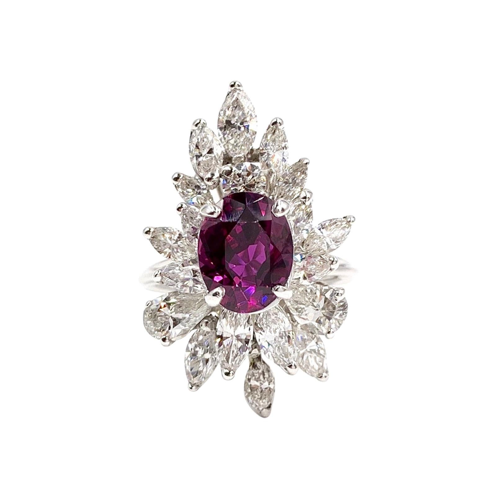 White Gold Merlot Ruby and Fancy Cut Diamond Cocktail Ring For Sale