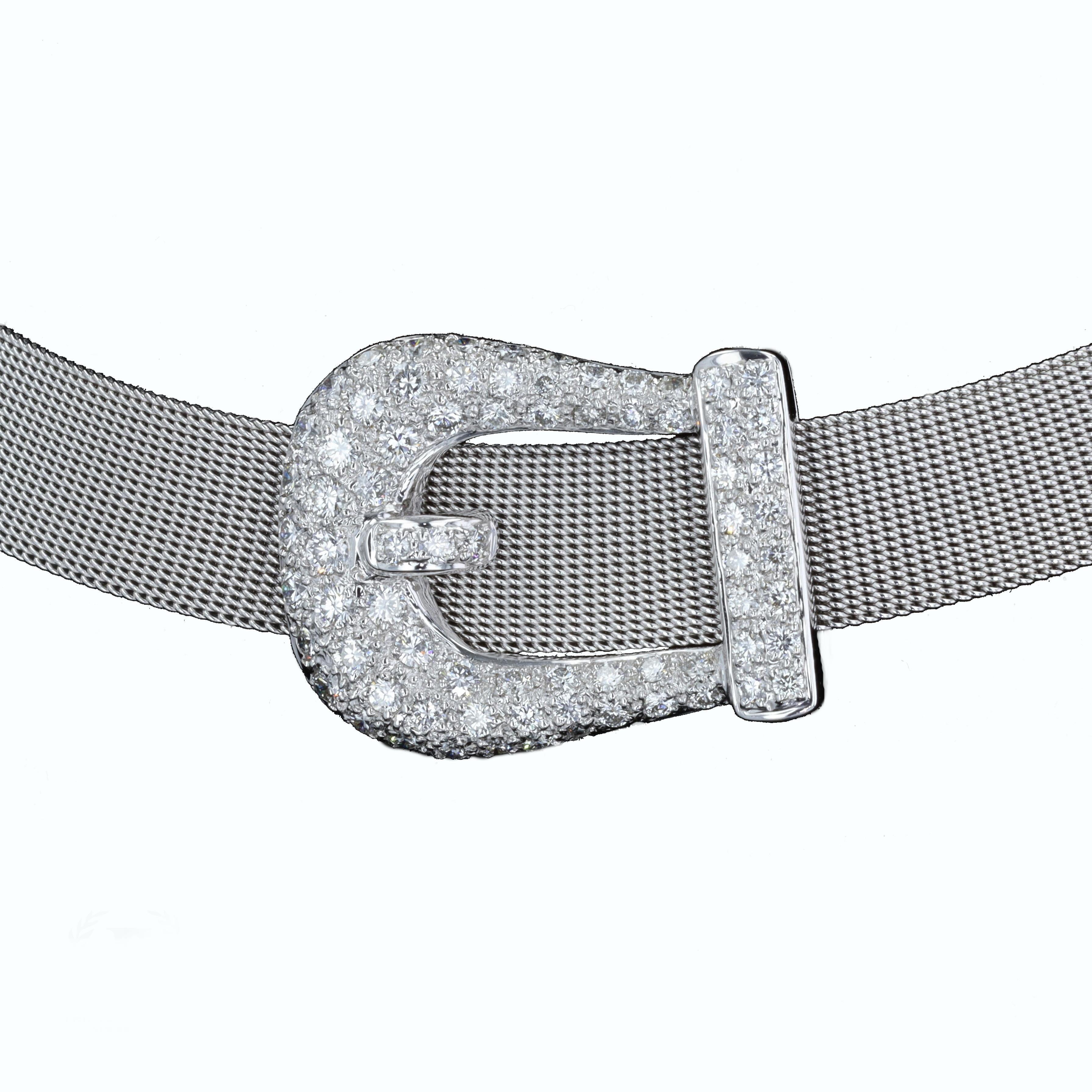 Round Cut White Gold Mesh and Diamond Buckle Necklace