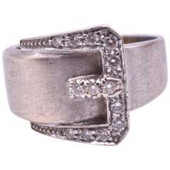 Vintage White Gold Midcentury Buckle Ring with Diamonds
