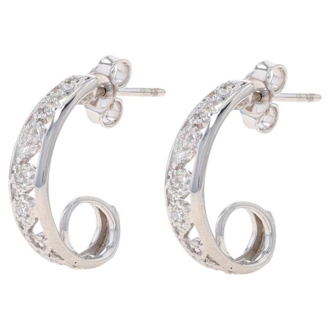 White Gold Milgrain Scroll J-Hook Earrings - 18k Pierced For Sale