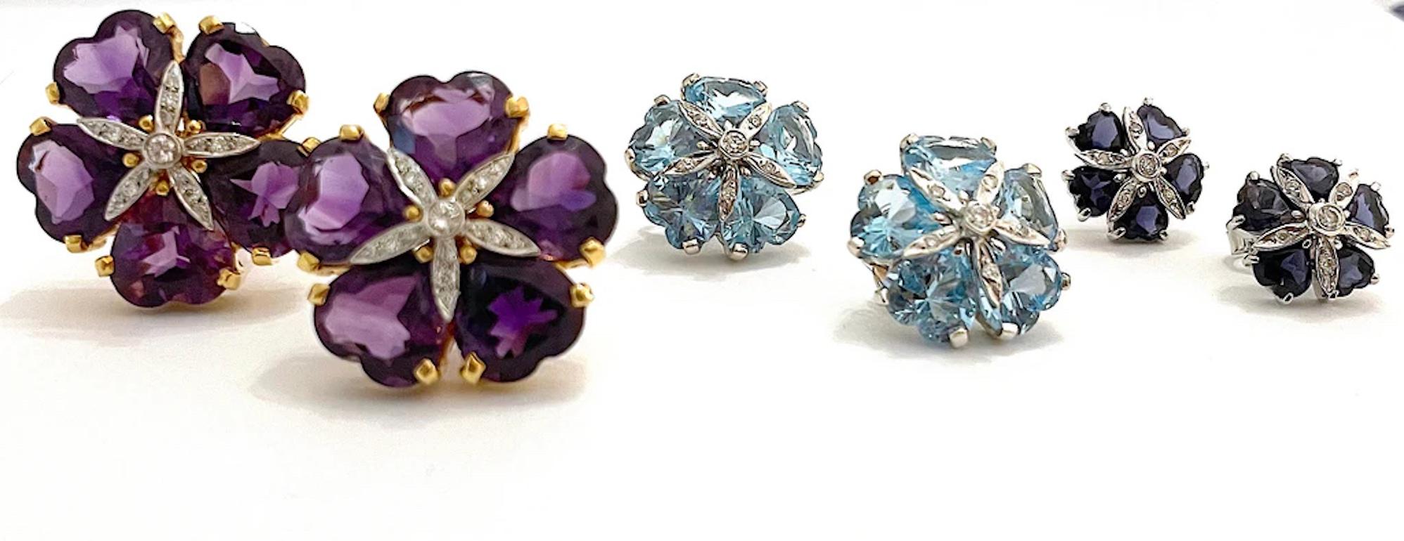 Heart Cut White Gold Mini Sand Dollar Earrings with Iolite and Diamonds For Sale