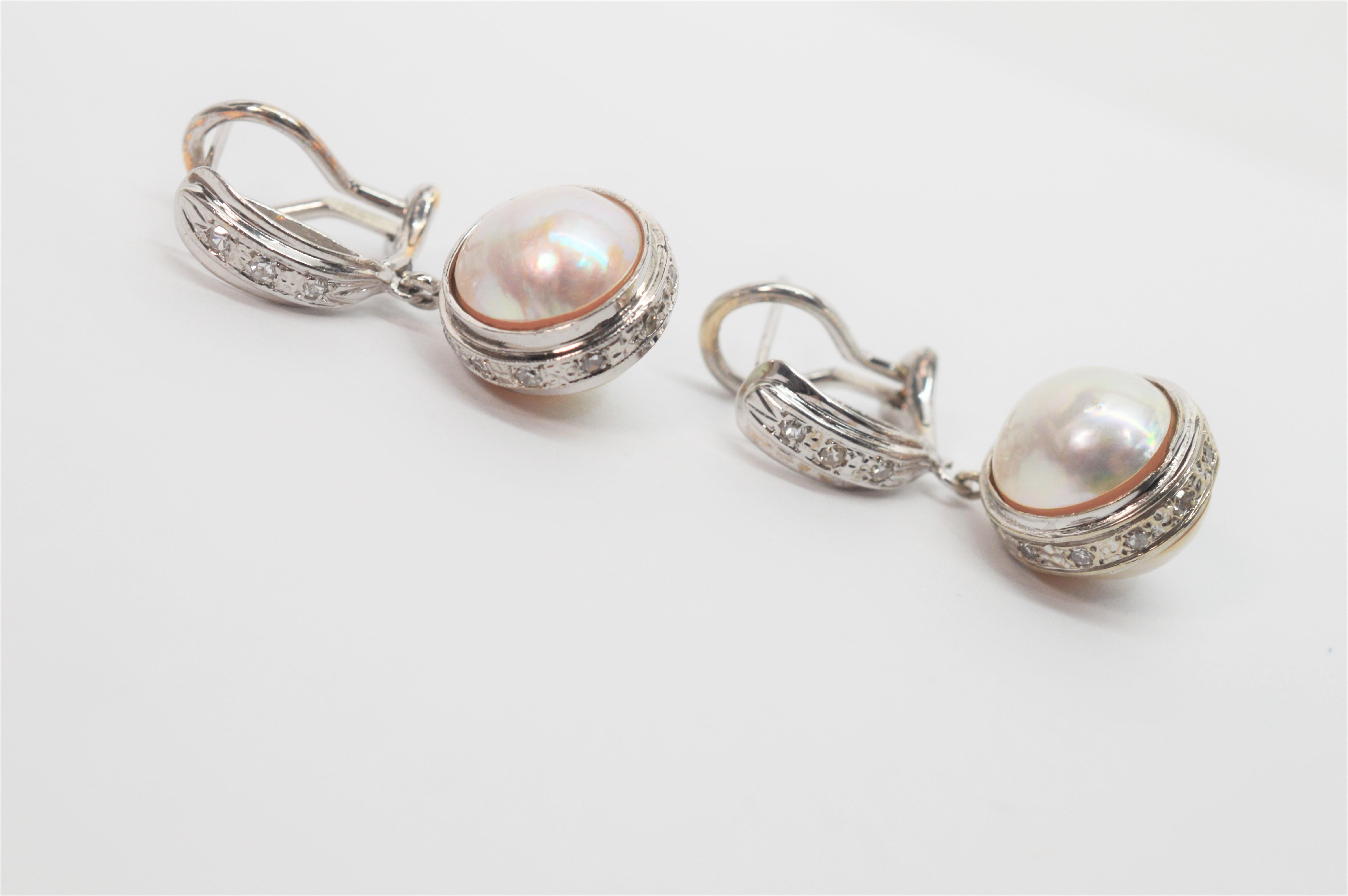 Round Cut White Gold Mobe Pearl Drop Earrings with Diamond Accents