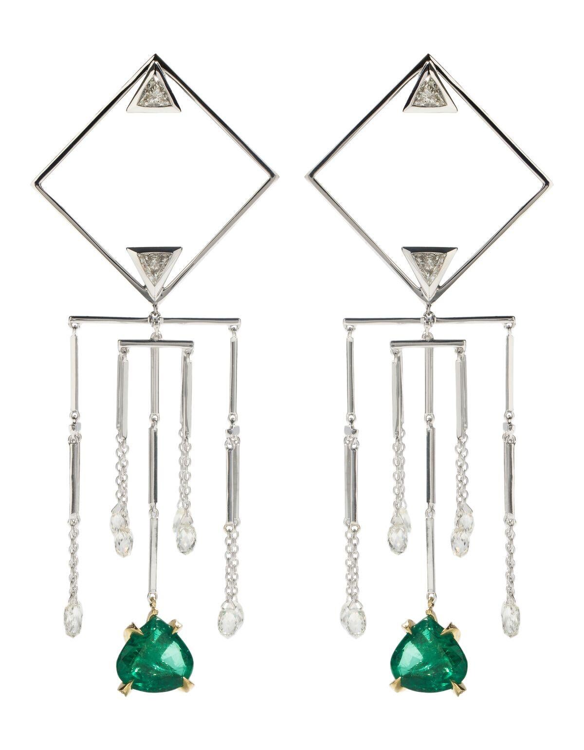 18K White Gold Mobile Earrings Emeralds (6,63ct) and White Diamonds (4,78ct) 
Ref: EB296-5
Unique and Luxurious piece
*If you require any bespoke changes (different type of metal/gemstones/cut/sizing) or you would like to see the whole collection