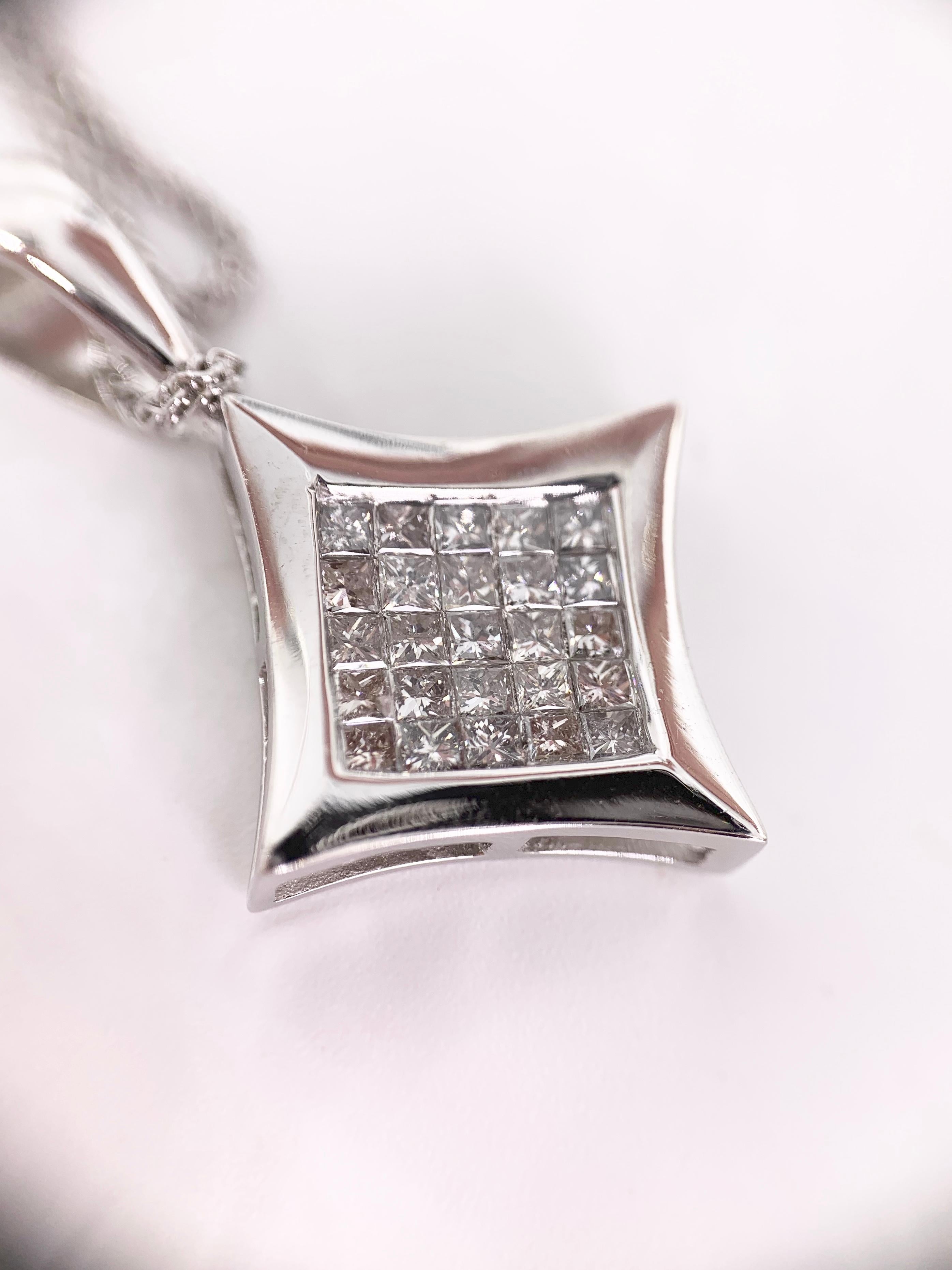 Princess Cut White Gold Modern Square Diamond Pendant For Sale