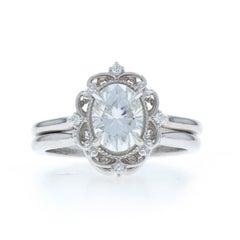 White Gold Moissanite Engagement Ring & Wedding Band - 14k Oval 1.47ctw Floral