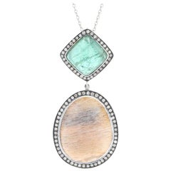 White Gold Moonstone, Emerald, & Diamond Halo Necklace, 14k 10.17ctw Adjustable
