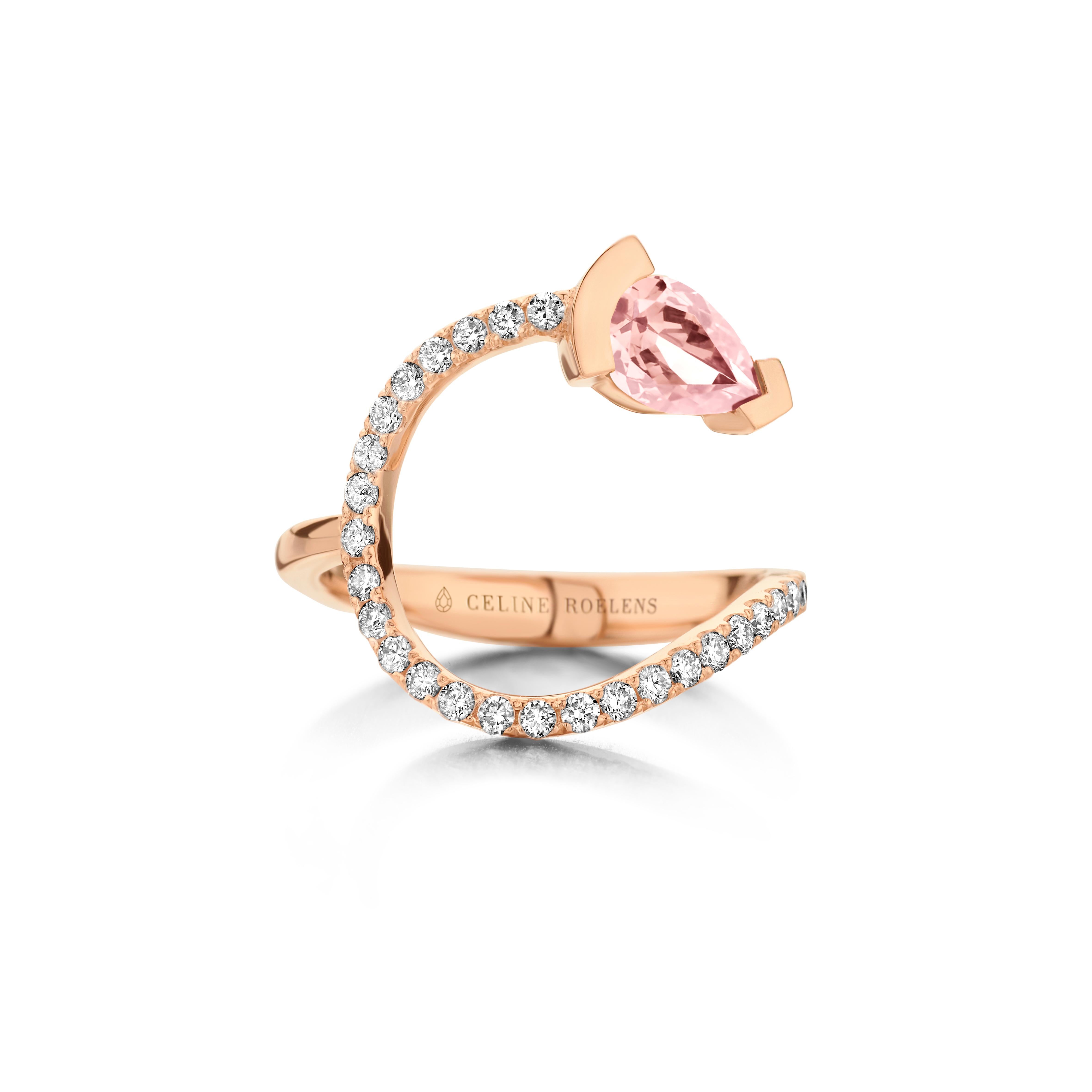 ADELINE curved ring in 18Kt white gold set with a pear shaped Morganite and 0,33 Ct of white brilliant cut diamonds - VS F quality.