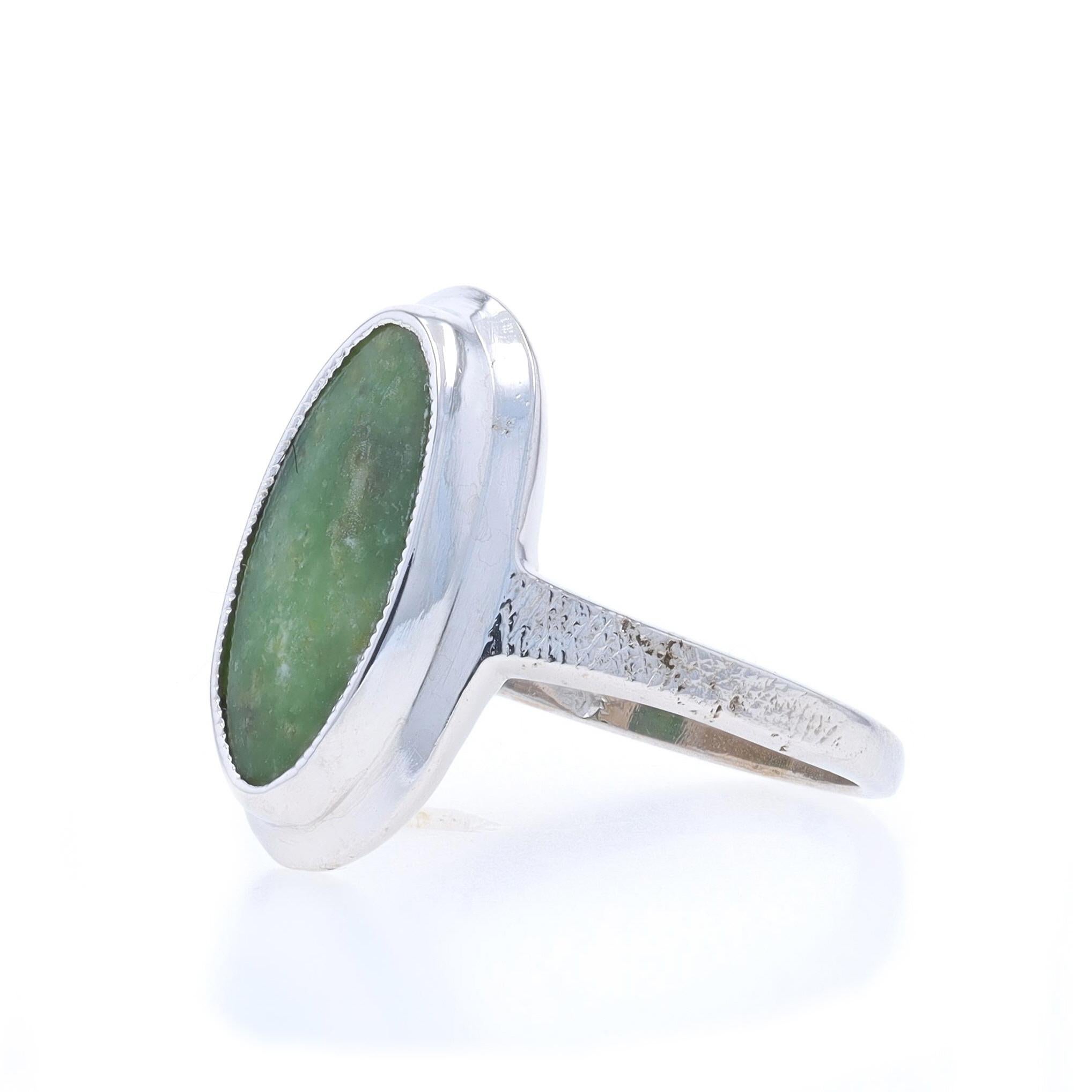 White Gold Moss Agate Cocktail Solitaire Ring - 10k Crosshatch Milgrain In Good Condition For Sale In Greensboro, NC