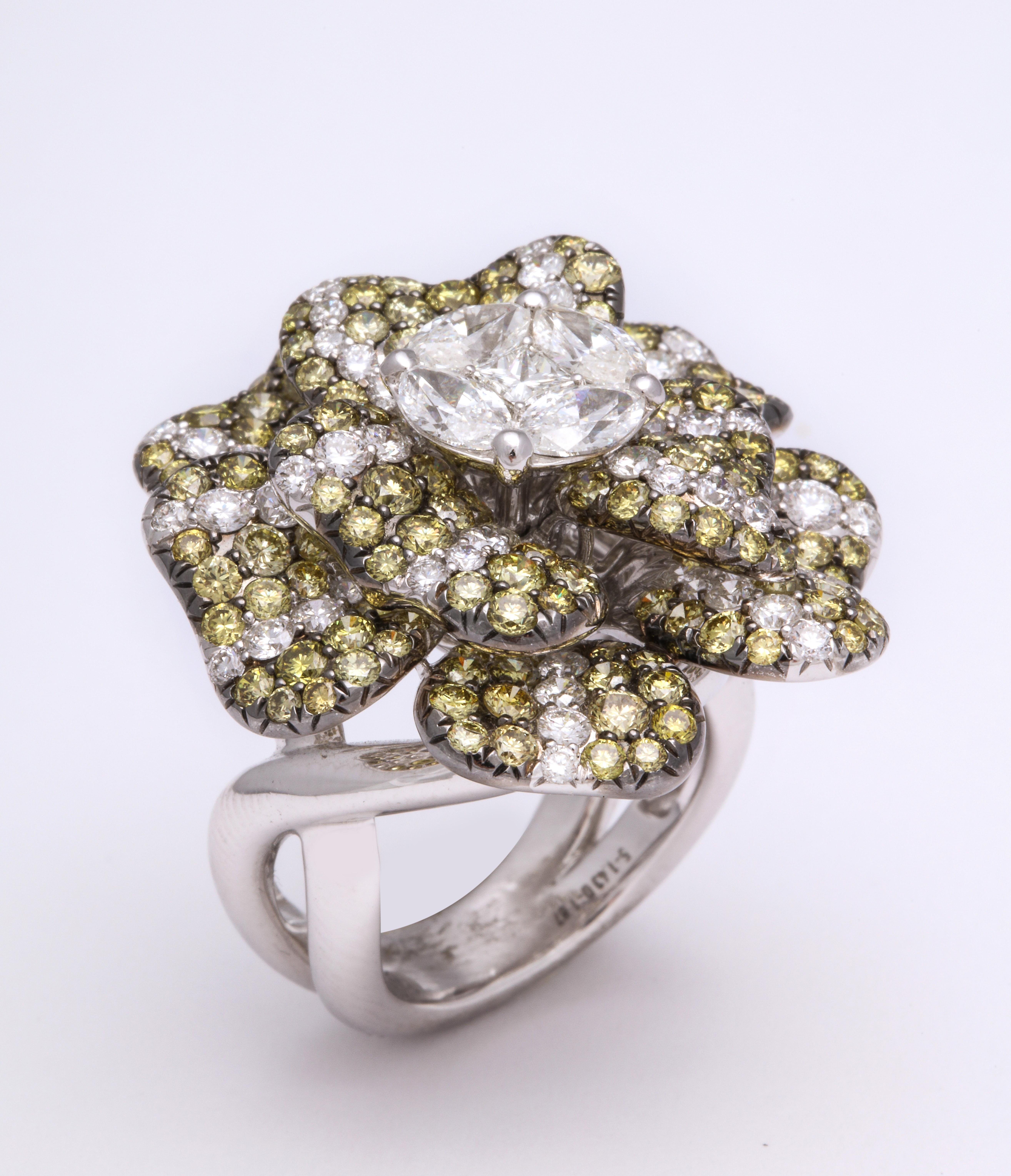 White Gold, Multi-Color Diamond Floral Cocktail Ring For Sale 1