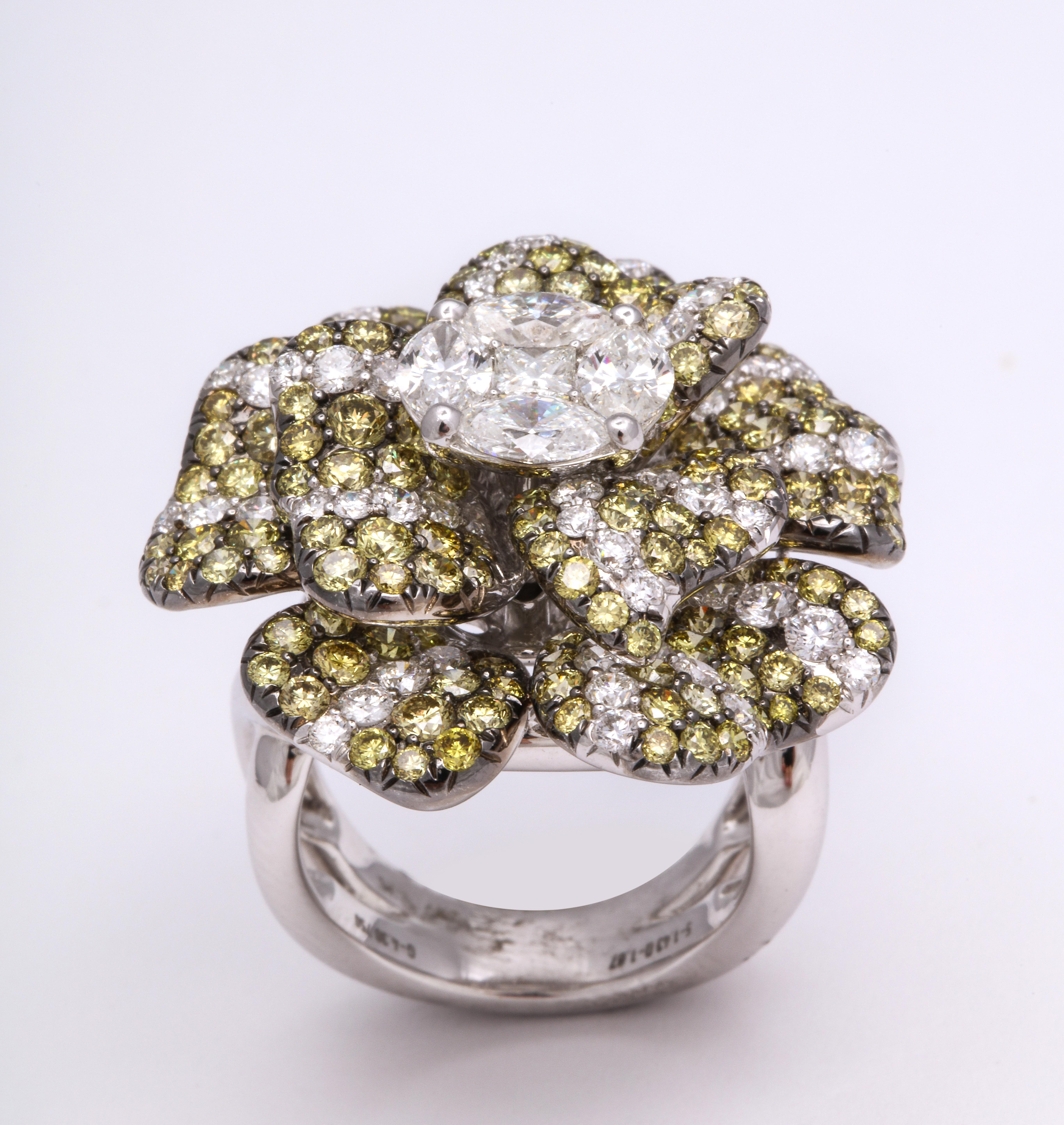 White Gold, Multi-Color Diamond Floral Cocktail Ring For Sale 2