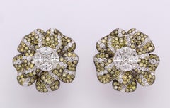 White Gold, Multi-Color Diamond Floral Earrings