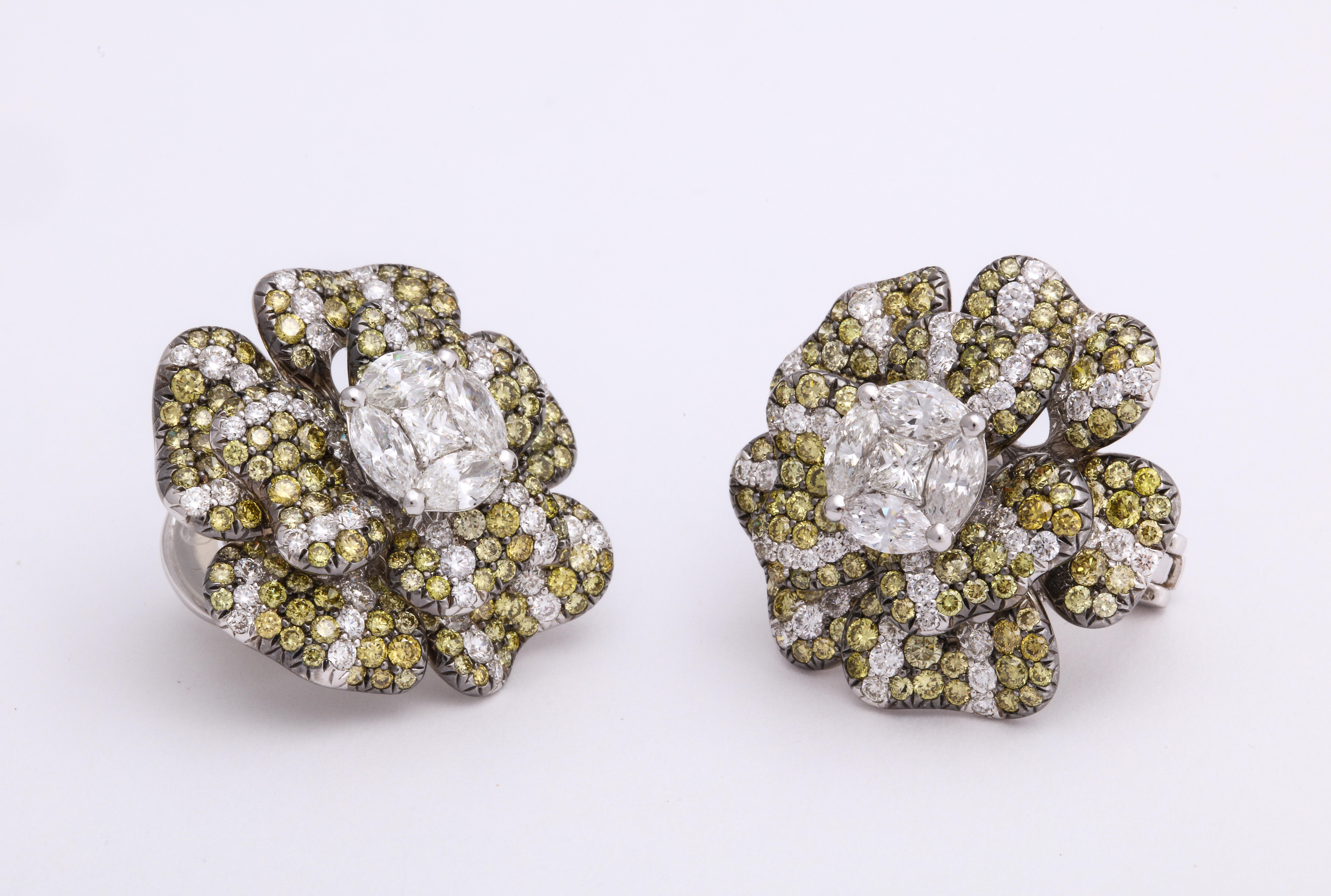 Contemporary White Gold, Multi-Color Diamond Floral Earrings For Sale