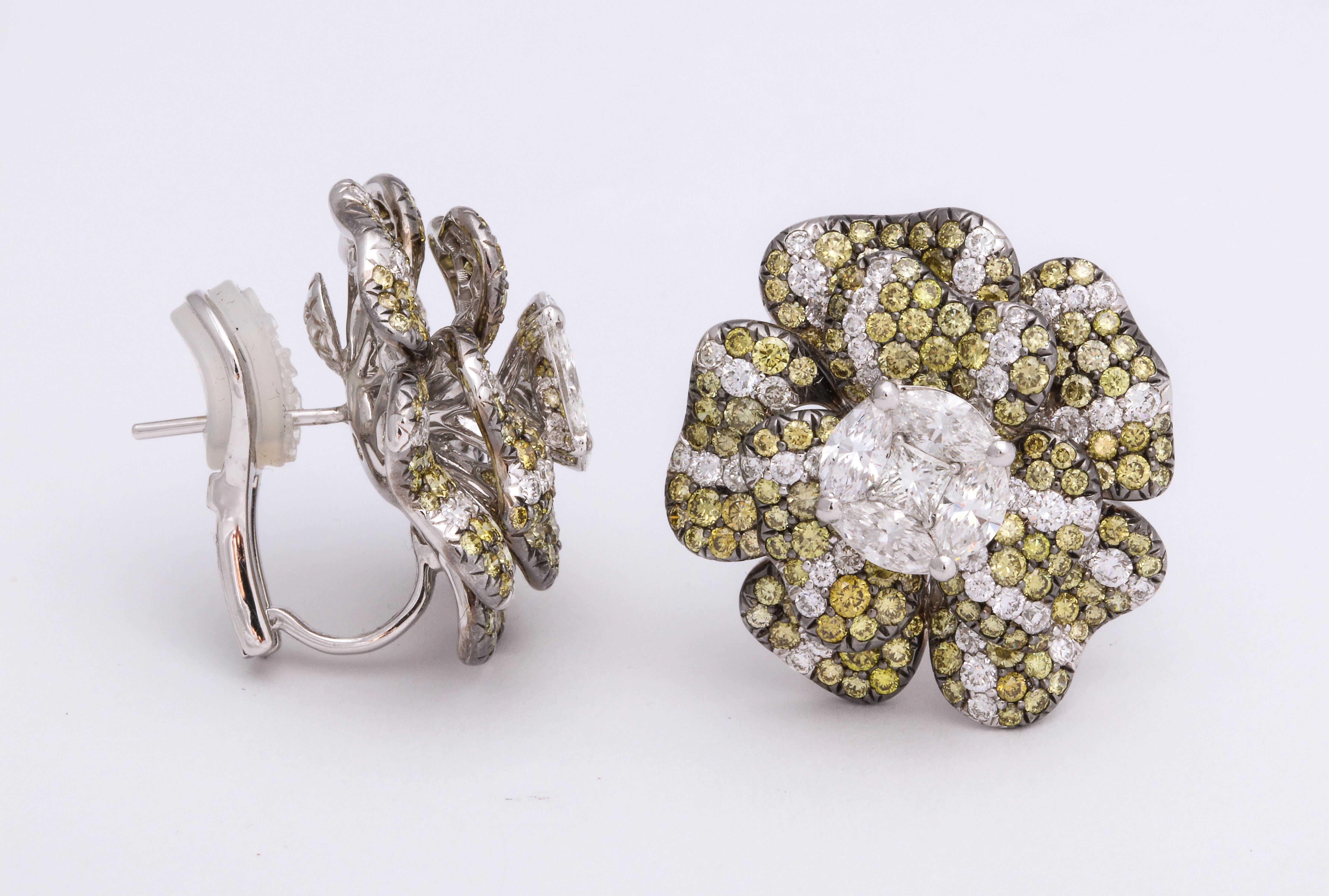 Round Cut White Gold, Multi-Color Diamond Floral Earrings For Sale