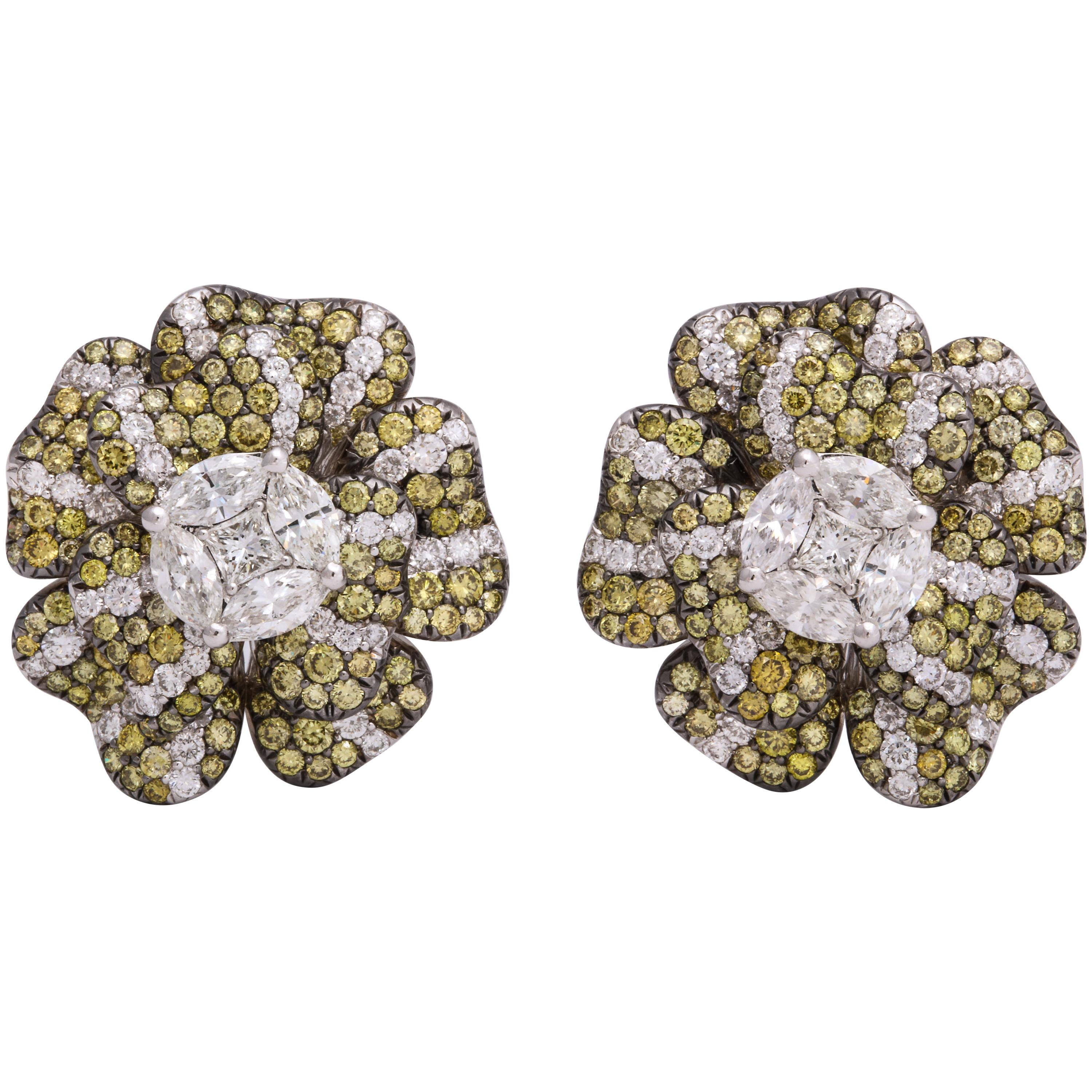 White Gold, Multi-Color Diamond Floral Earrings For Sale