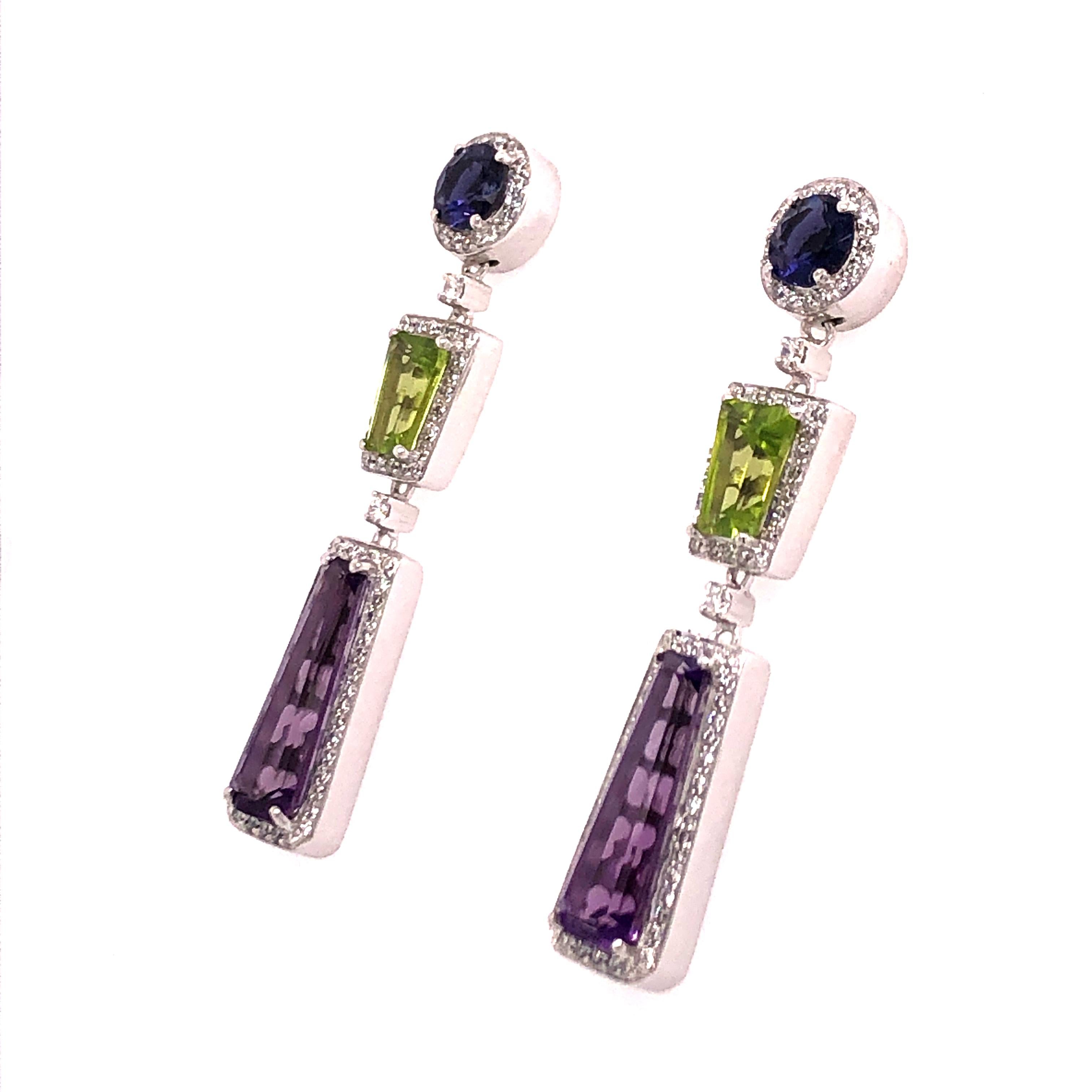 Modern White Gold Multicolored Stone and Diamond Earrings