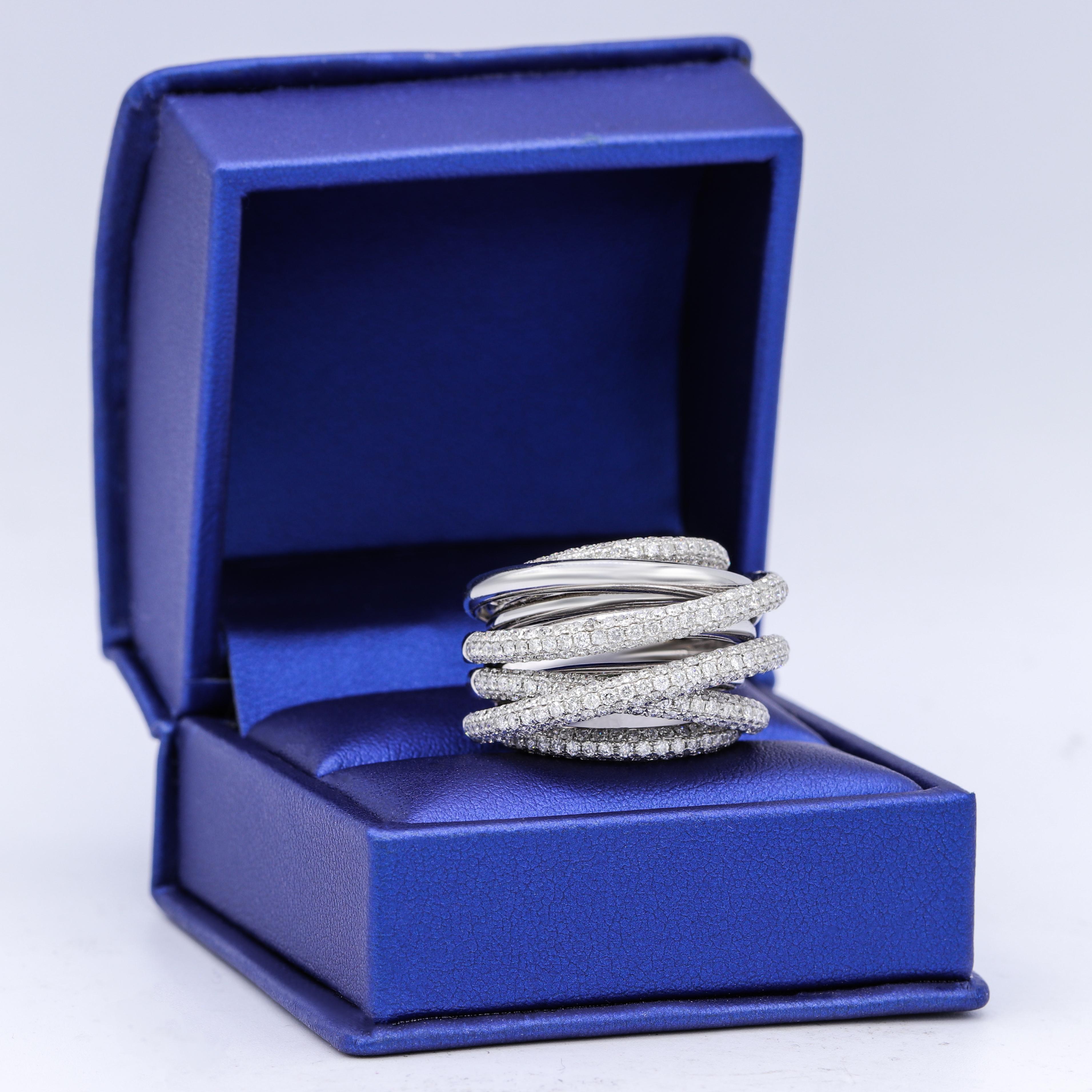 Round Cut White Gold Multi Row Diamond Ring, Features 4.02 Carat of Diamonds