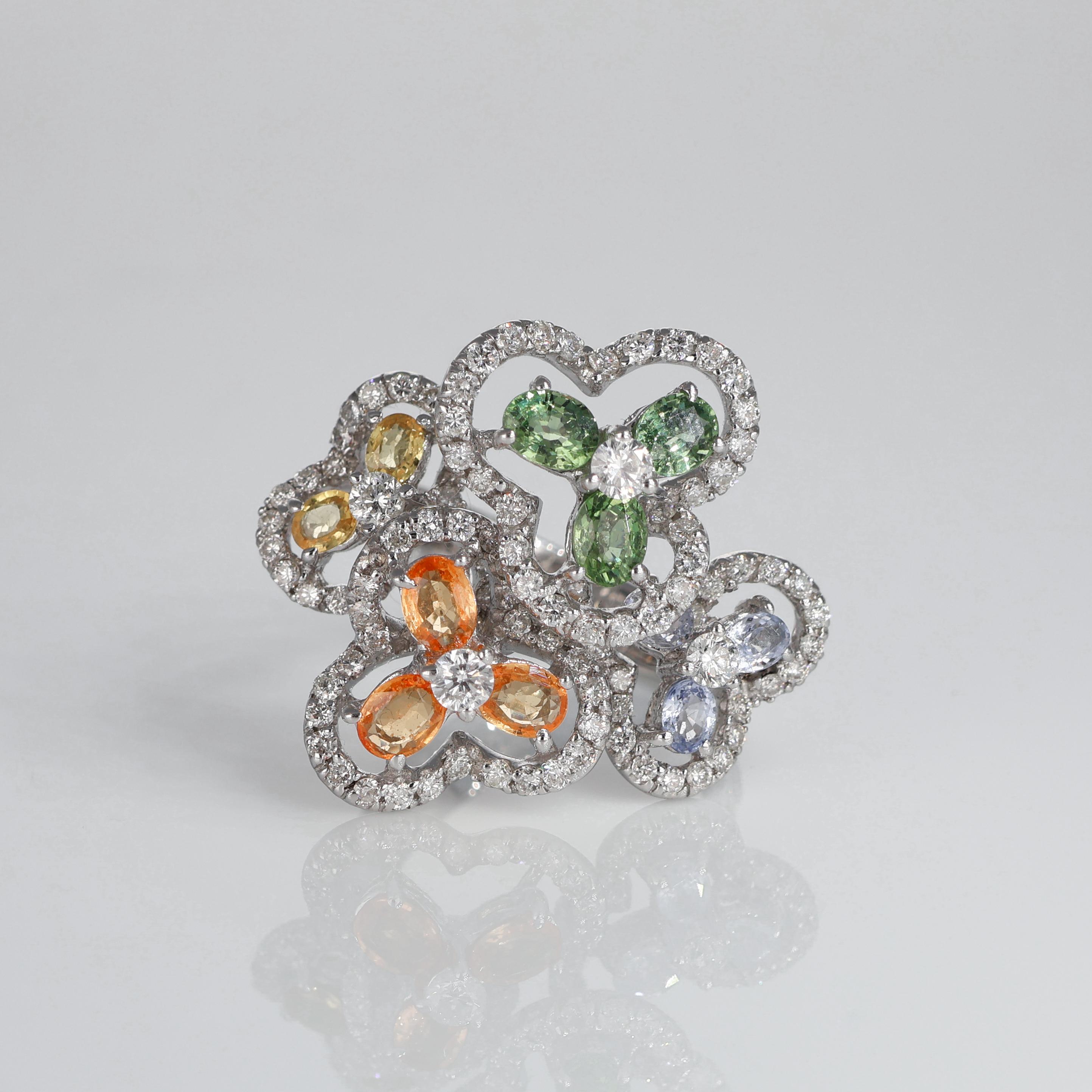 IMPORTANT NOTE:
✔ No additional costs will be added to this order.
✔ Shipping and customs duties are fully covered by us.
--------------------
This exquisite 18K white gold ring showcases a mesmerizing floral design, adorned with clusters of