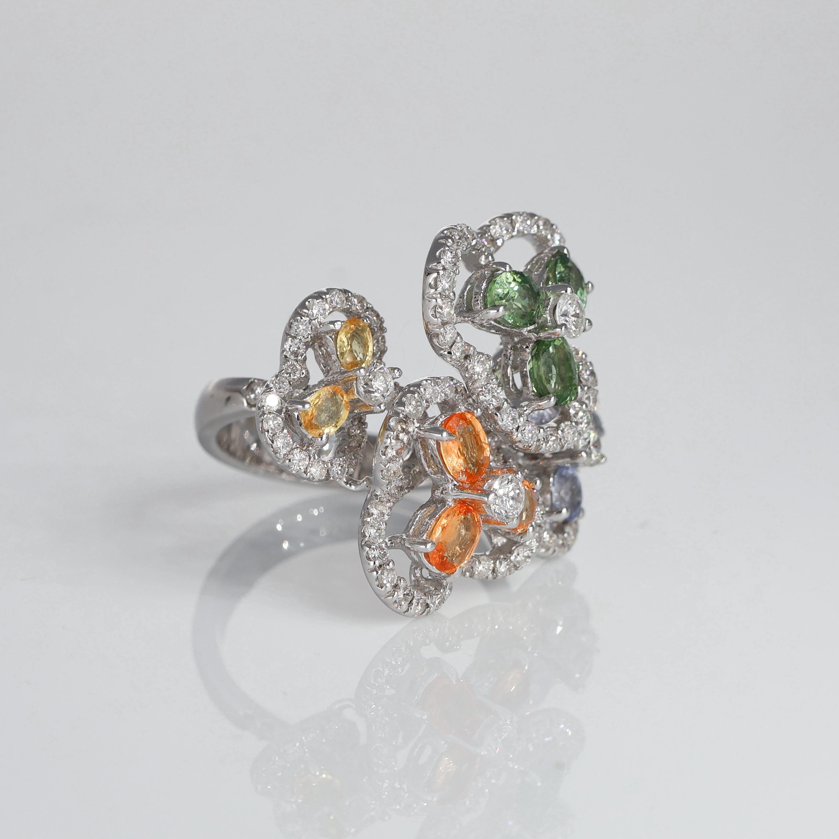Brilliant Cut White Gold Multi-Sapphire and Diamond Flower Floral Ring For Sale