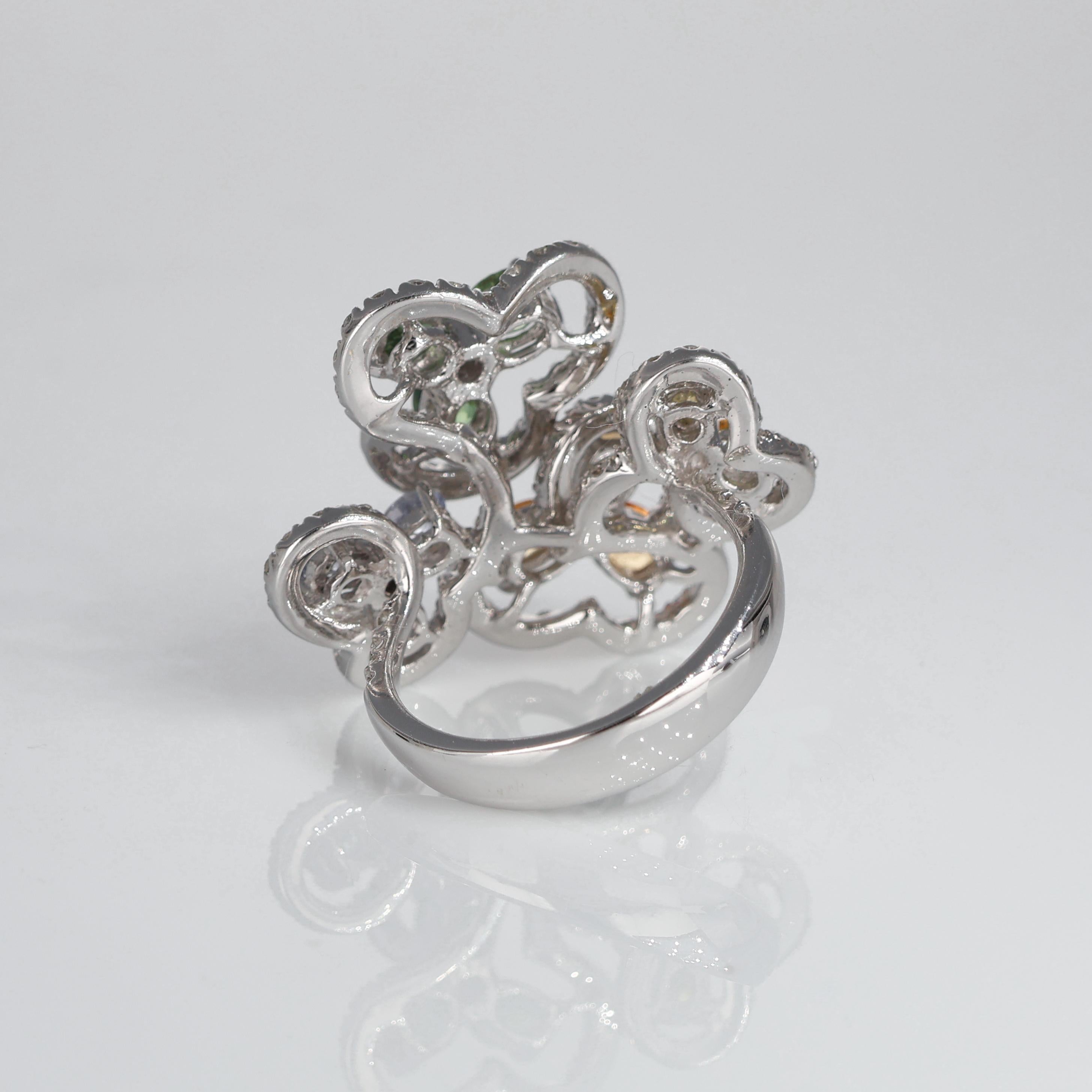 Women's or Men's White Gold Multi-Sapphire and Diamond Flower Floral Ring For Sale