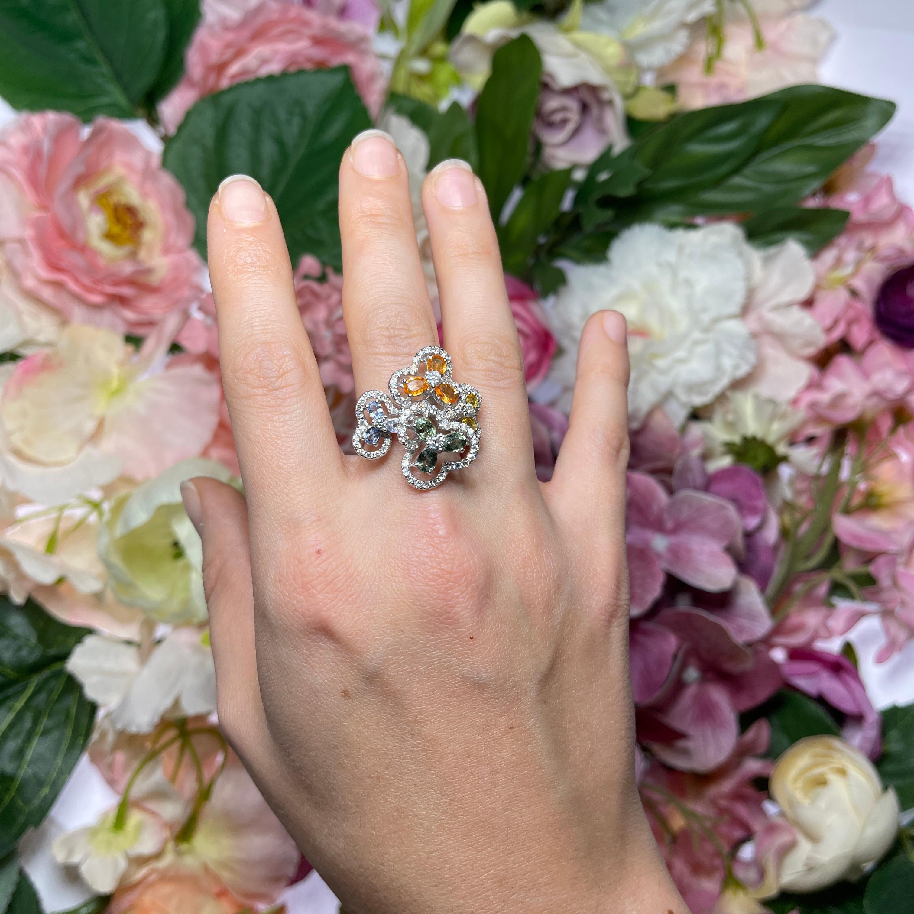 White Gold Multi-Sapphire and Diamond Flower Floral Ring For Sale 1