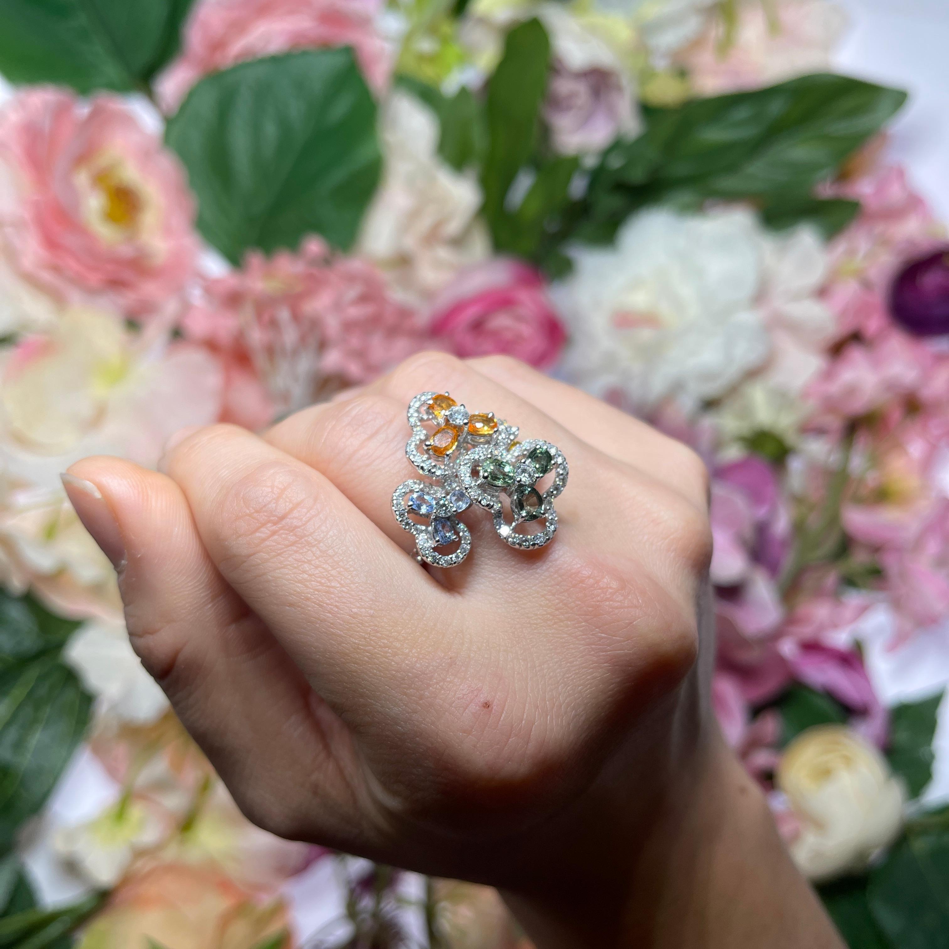 White Gold Multi-Sapphire and Diamond Flower Floral Ring For Sale 2