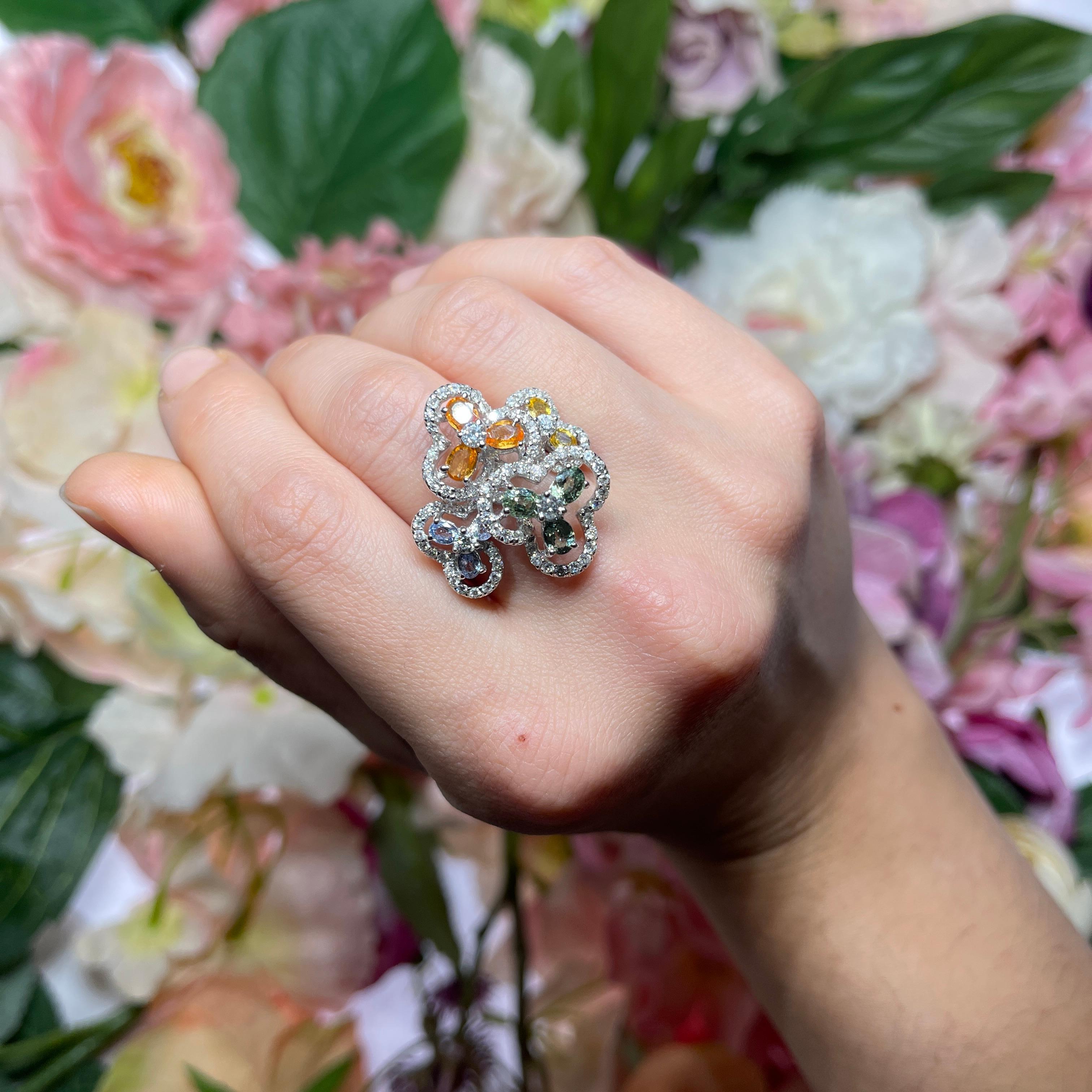 White Gold Multi-Sapphire and Diamond Flower Floral Ring For Sale 3