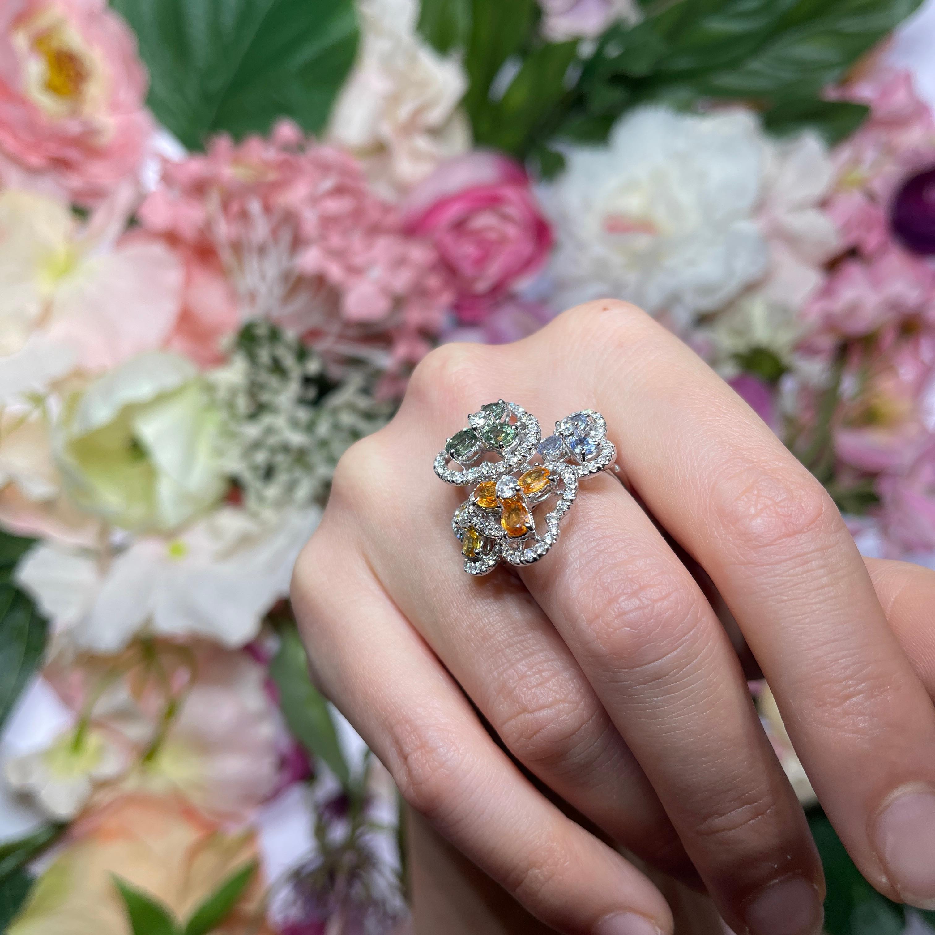 White Gold Multi-Sapphire and Diamond Flower Floral Ring For Sale 4