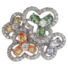 White Gold Multi-Sapphire and Diamond Flower Floral Ring
