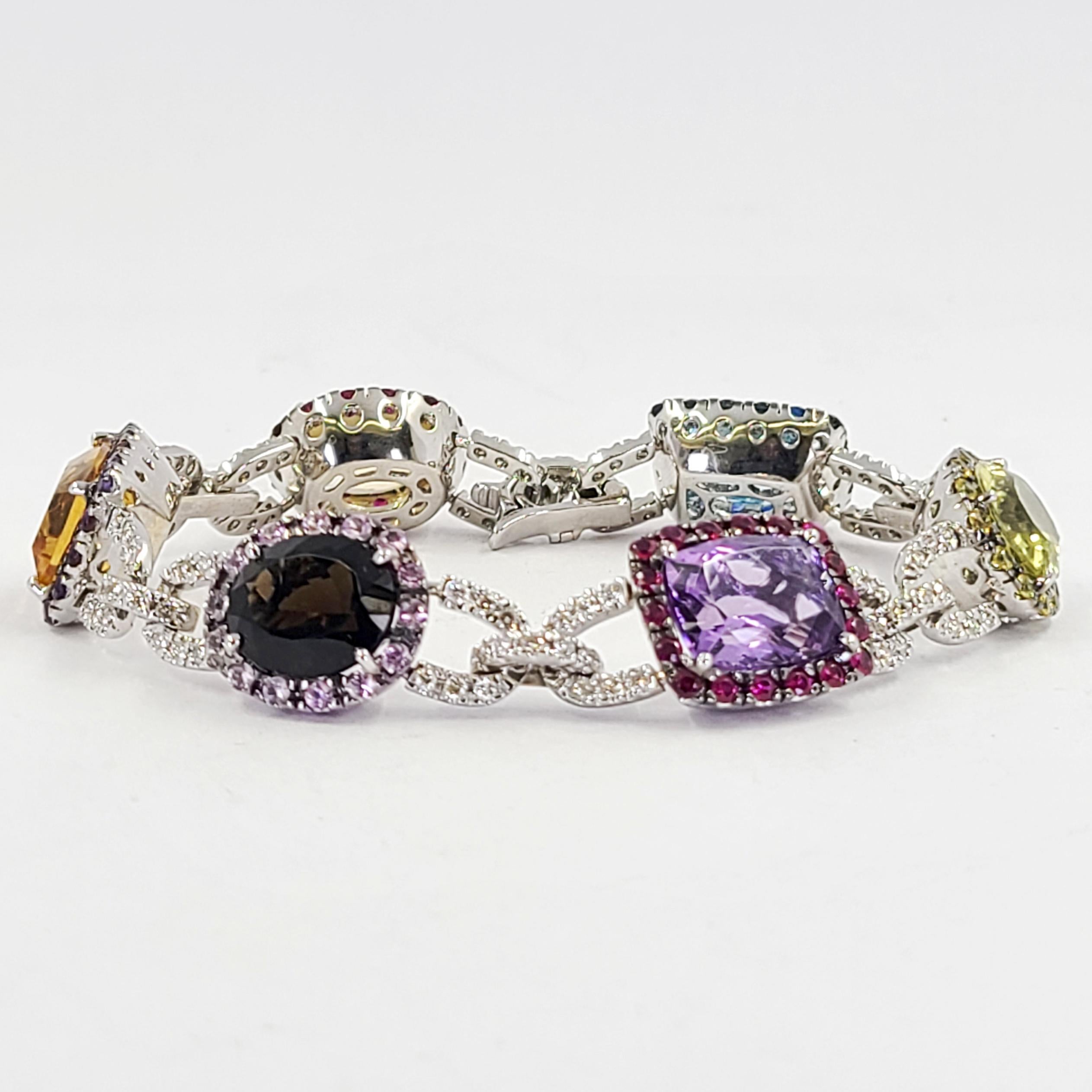 Oval Cut White Gold Multicolor Gemstone and Diamond Cocktail Bracelet