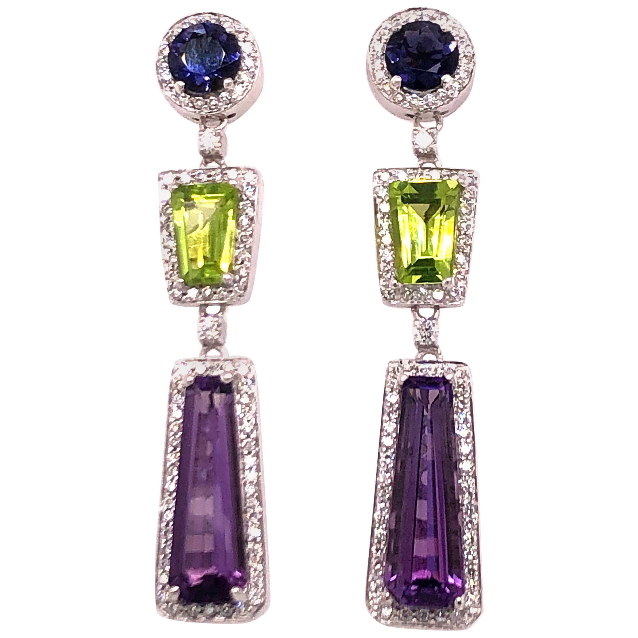 White Gold Multicolored Stone and Diamond Earrings