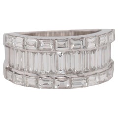 White Gold Natural Baguette Cut Three Row Diamond Ring