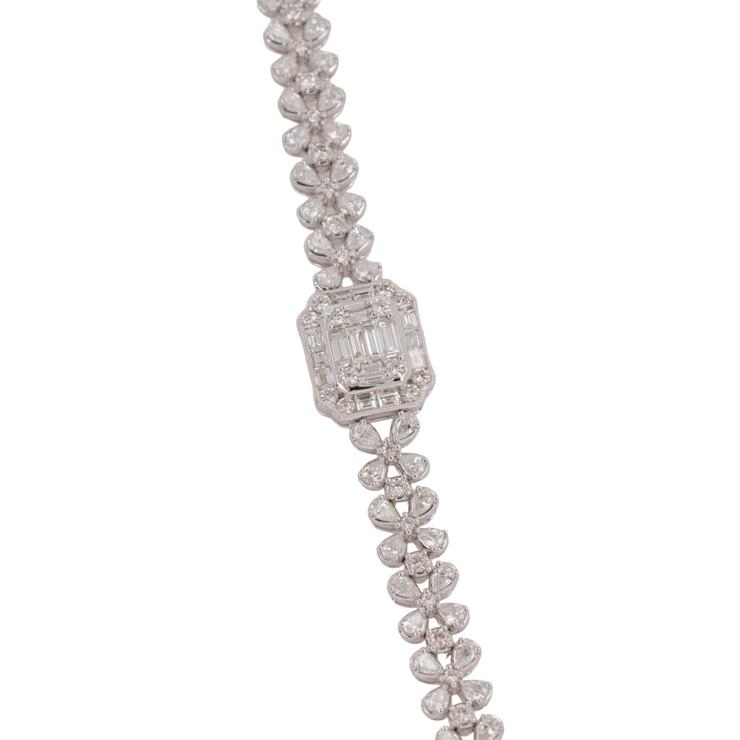 This exquisite 18k white gold bracelet is a harmonious blend of artistry and luxury, designed to adorn the wrist with unparalleled brilliance. The 7-inch bracelet showcases an intricate composition of natural diamonds, totaling 6.4 carats. The