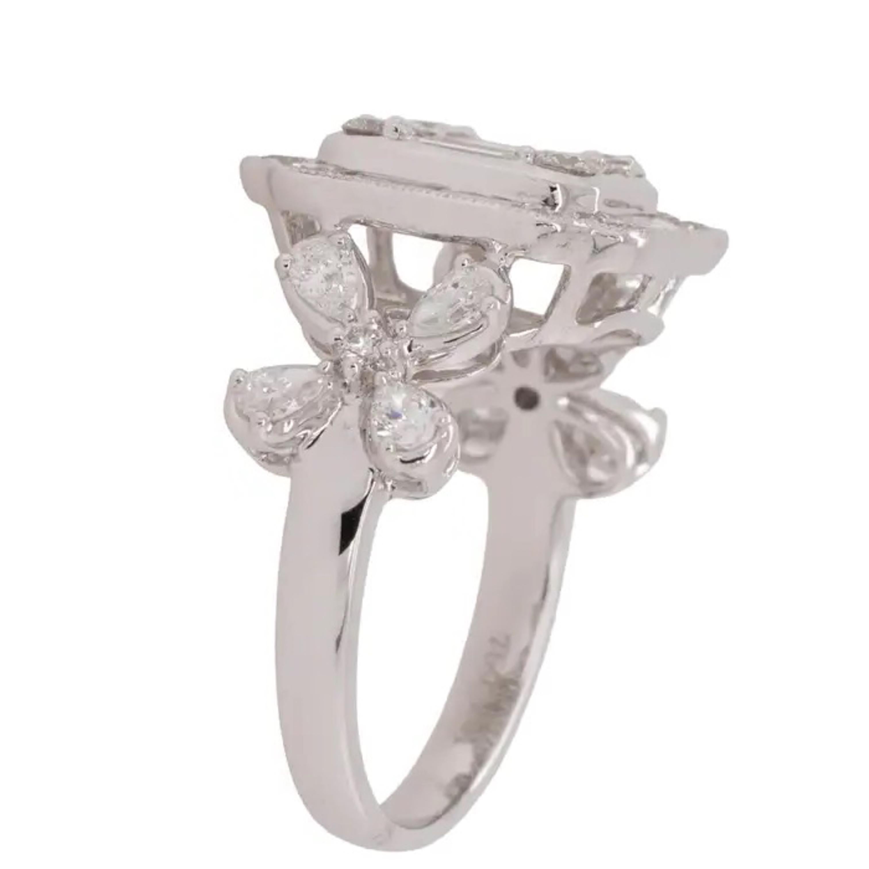 Femenino o masculino Anillo de oro blanco con diamantes florales de talla mixta natural en venta