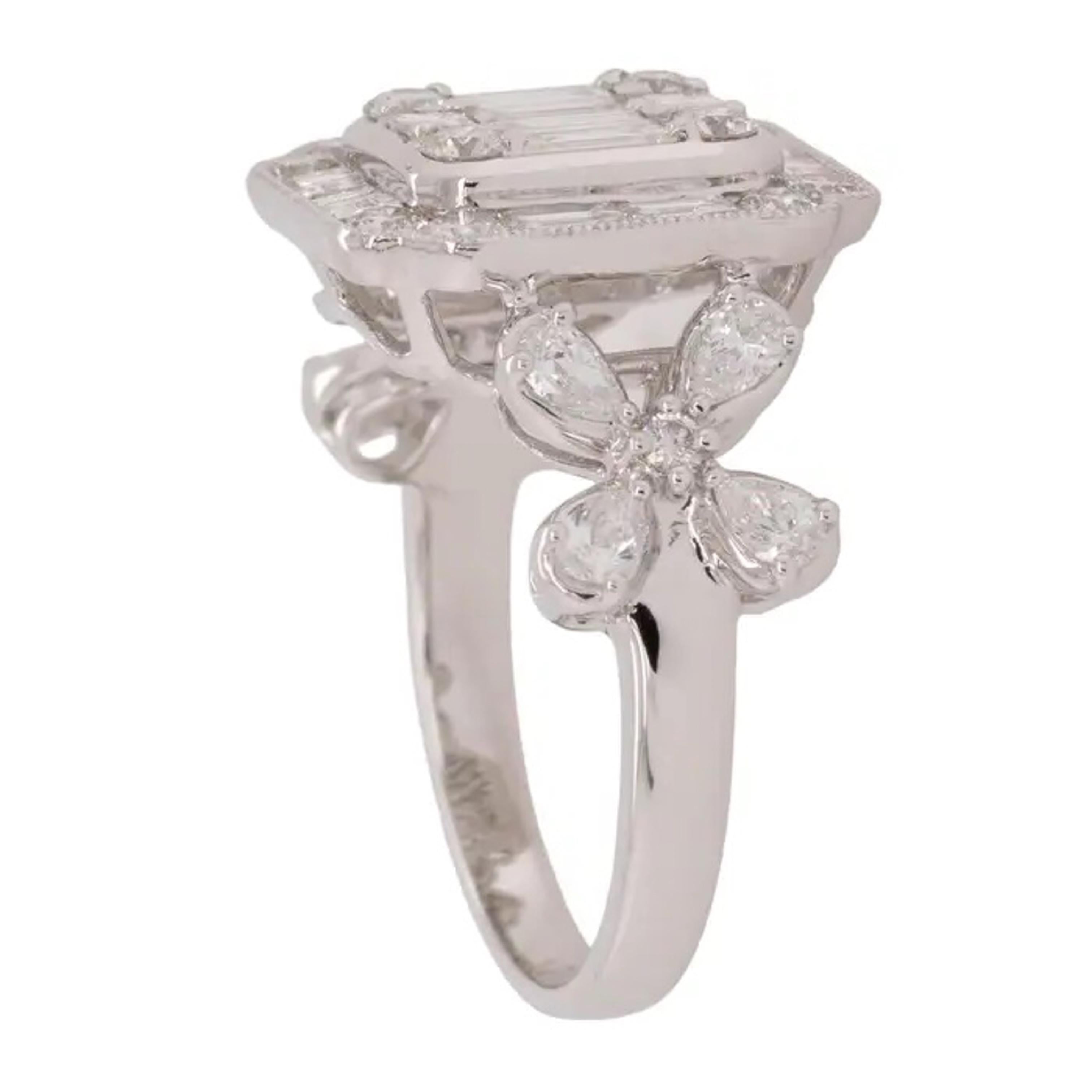 Anillo de oro blanco con diamantes florales de talla mixta natural en venta 1