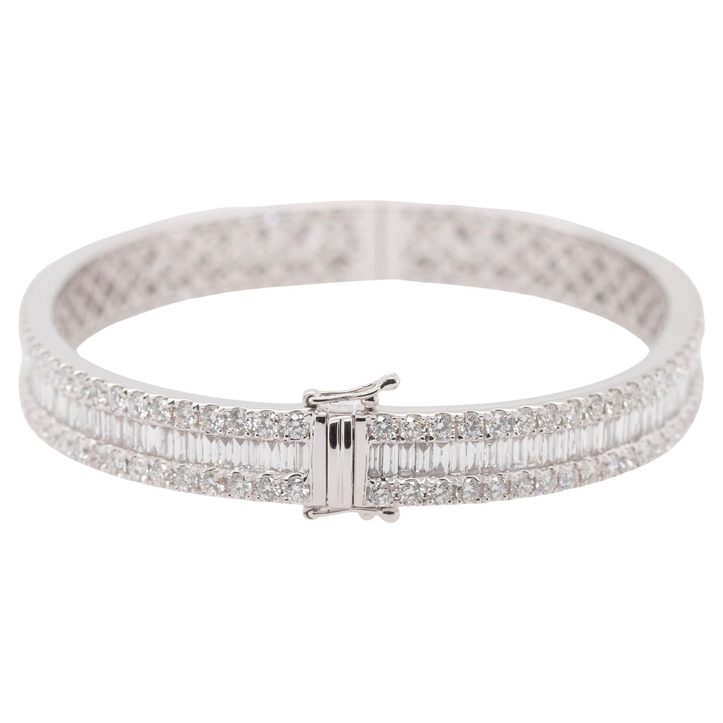 White Gold Natural Round and Emerald Cut Three Row Diamond Bracelet