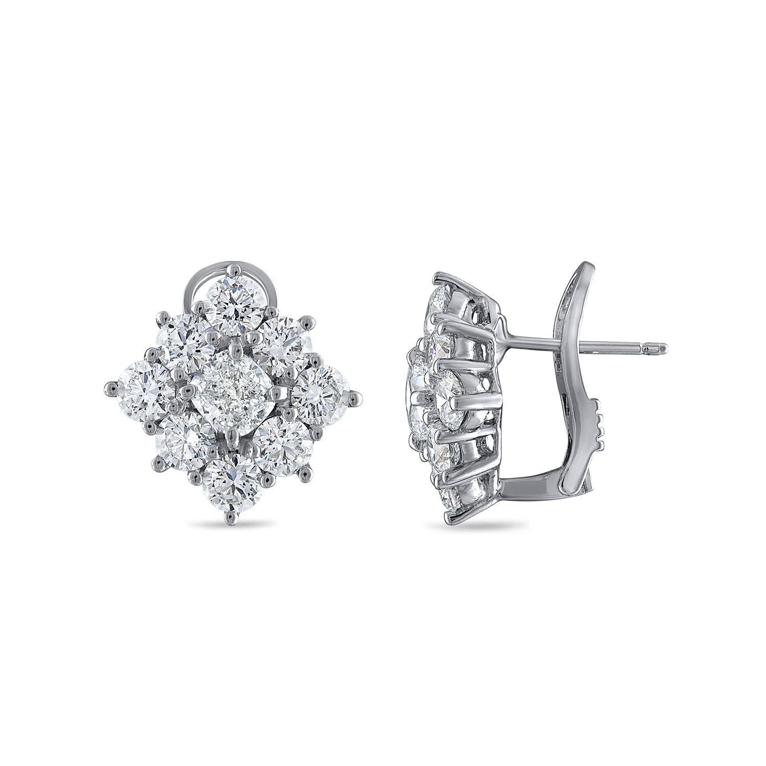 These luxurious 18k white gold earrings are a stunning display of elegance and craftsmanship, featuring a total of 5.76 carats of natural diamonds. The earrings are adorned with a combination of round brilliant and princess cut diamonds, each