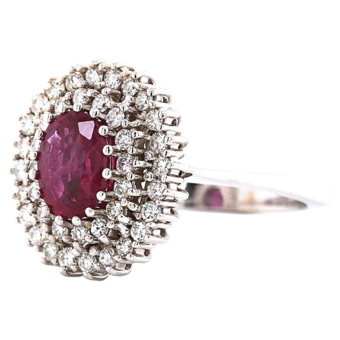 White Gold Natural Ruby & Diamond Double Halo Ring