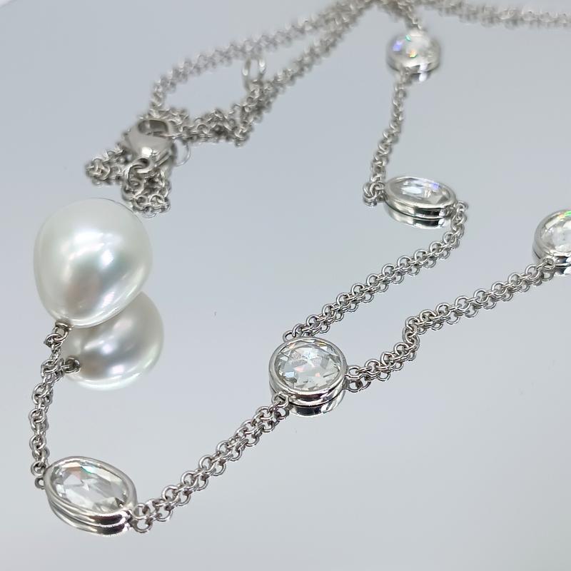 Rose Cut White Gold Necklace, Diamonds and Pearl For Sale