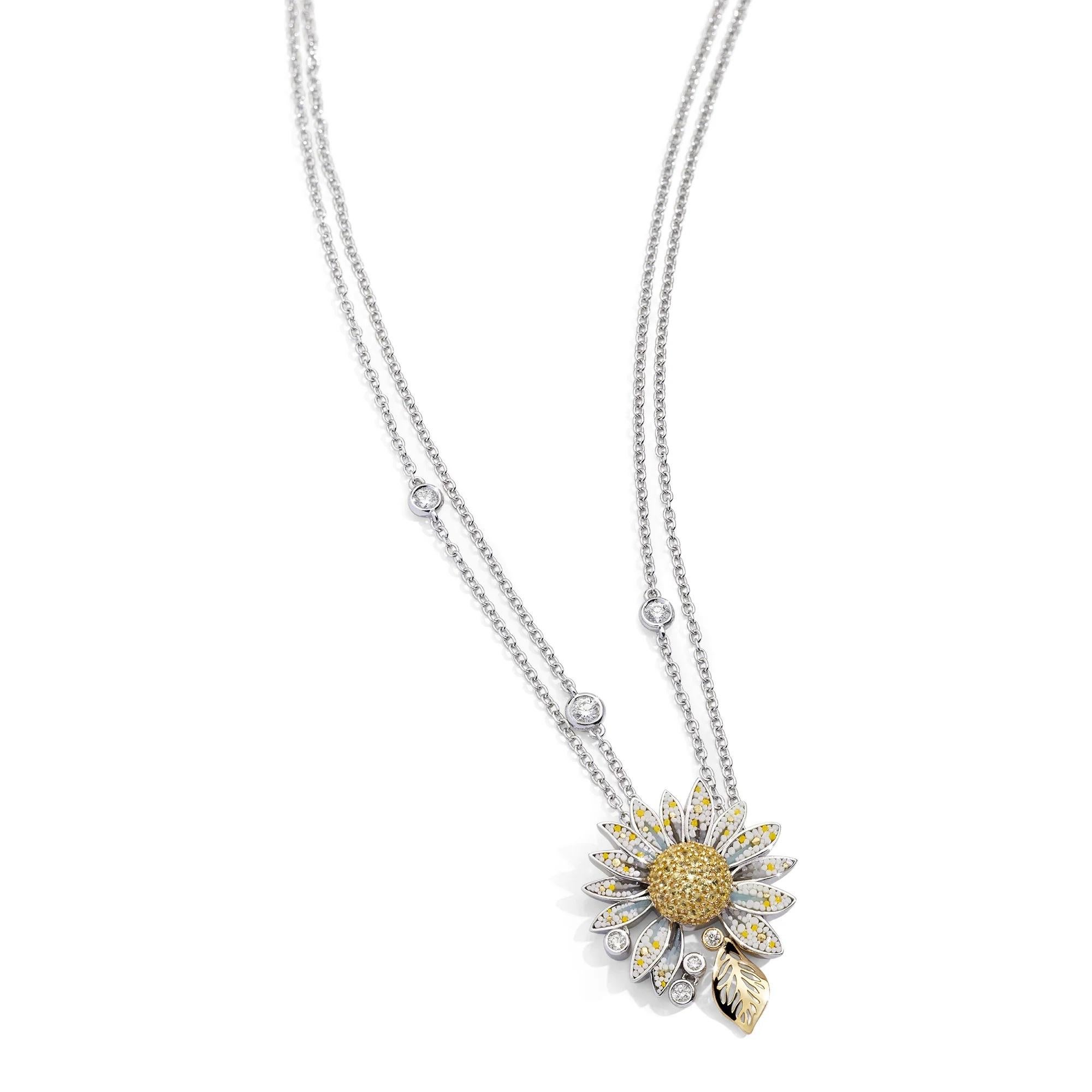 Prepare to be enraptured by the celestial beauty of Daisy necklace. I
mbued with graceful elegance, it is meticulously handcrafted with white gold, dazzling diamonds, and the resplendent allure of yellow sapphires. 
The intricate micromosaic