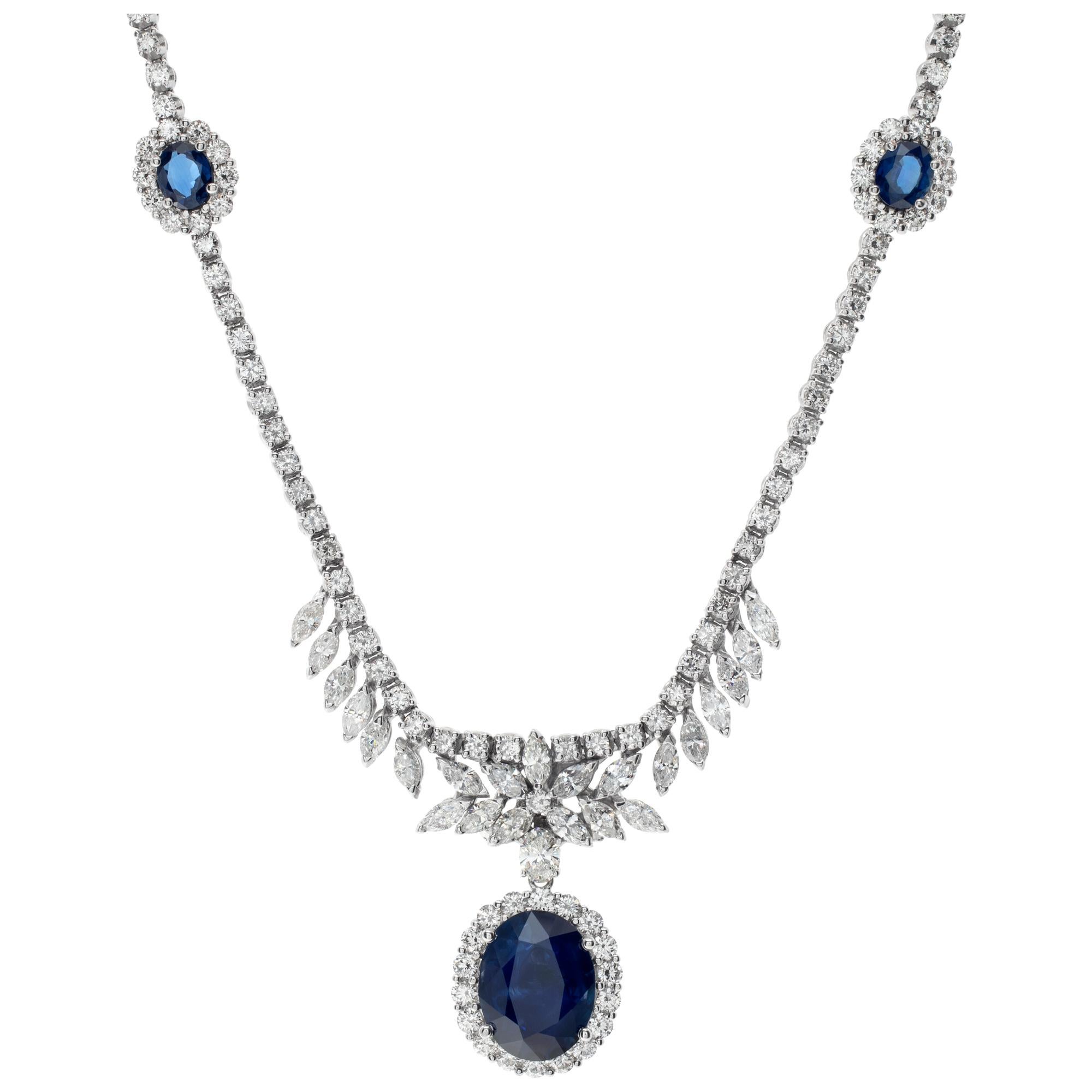 White gold necklace w/ round marquise oval cut diamond & blue oval cut sapphires In Excellent Condition For Sale In Surfside, FL