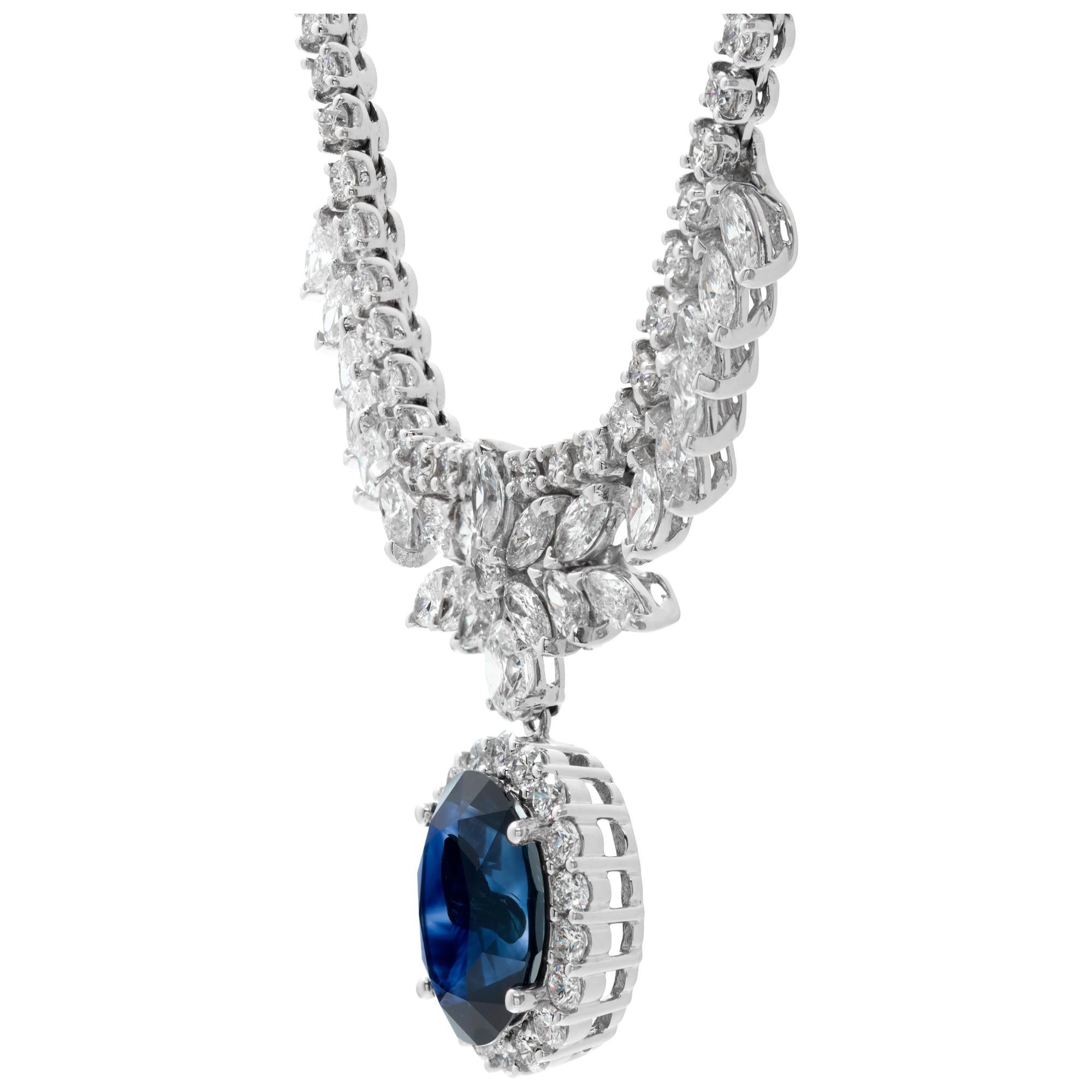 Women's or Men's White gold necklace w/ round marquise oval cut diamond & blue oval cut sapphires For Sale