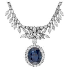 Vintage White gold necklace w/ round marquise oval cut diamond & blue oval cut sapphires
