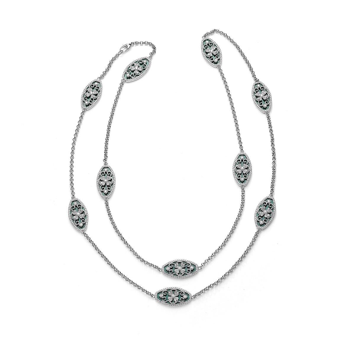 Necklace in 18kt white gold set with 590 diamonds 7.12 cts and 10 malachites 61.18 cts