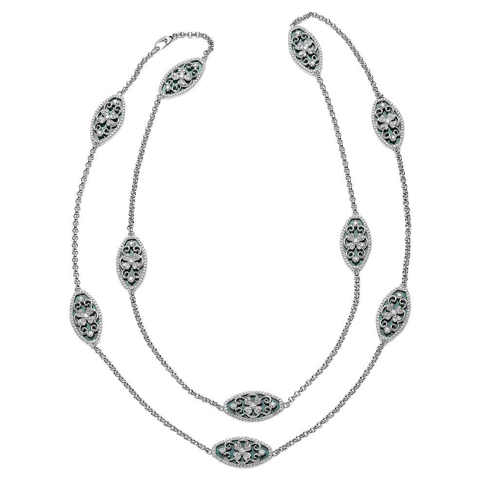 White Gold Necklace with Diamonds and Malachites For Sale