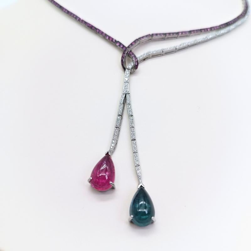 Women's or Men's White Gold Necklace with Diamonds, Sapphires, Rubellite and Tourmaline For Sale