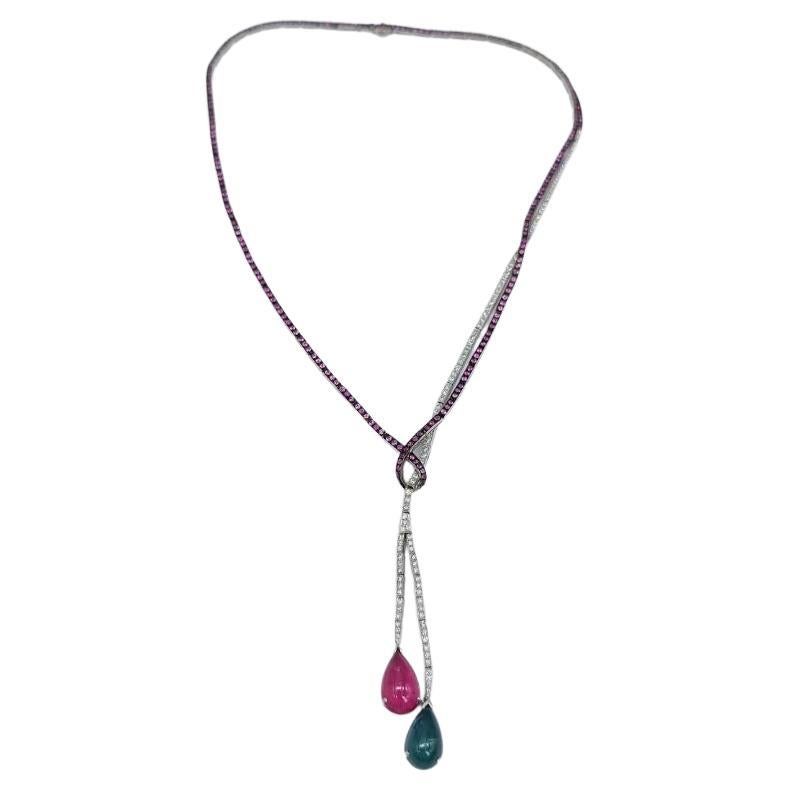 White Gold Necklace with Diamonds, Sapphires, Rubellite and Tourmaline